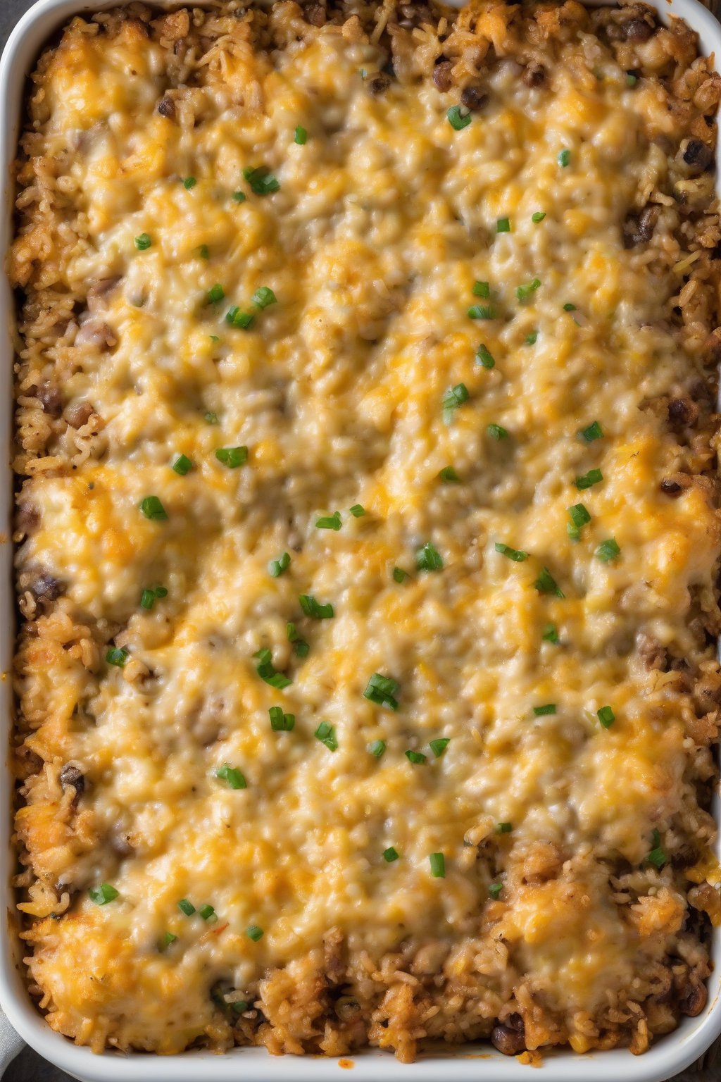 A high-resolution photo of cheesy dirty rice casserole fresh from the oven, golden and bubbly, under soft lighting.