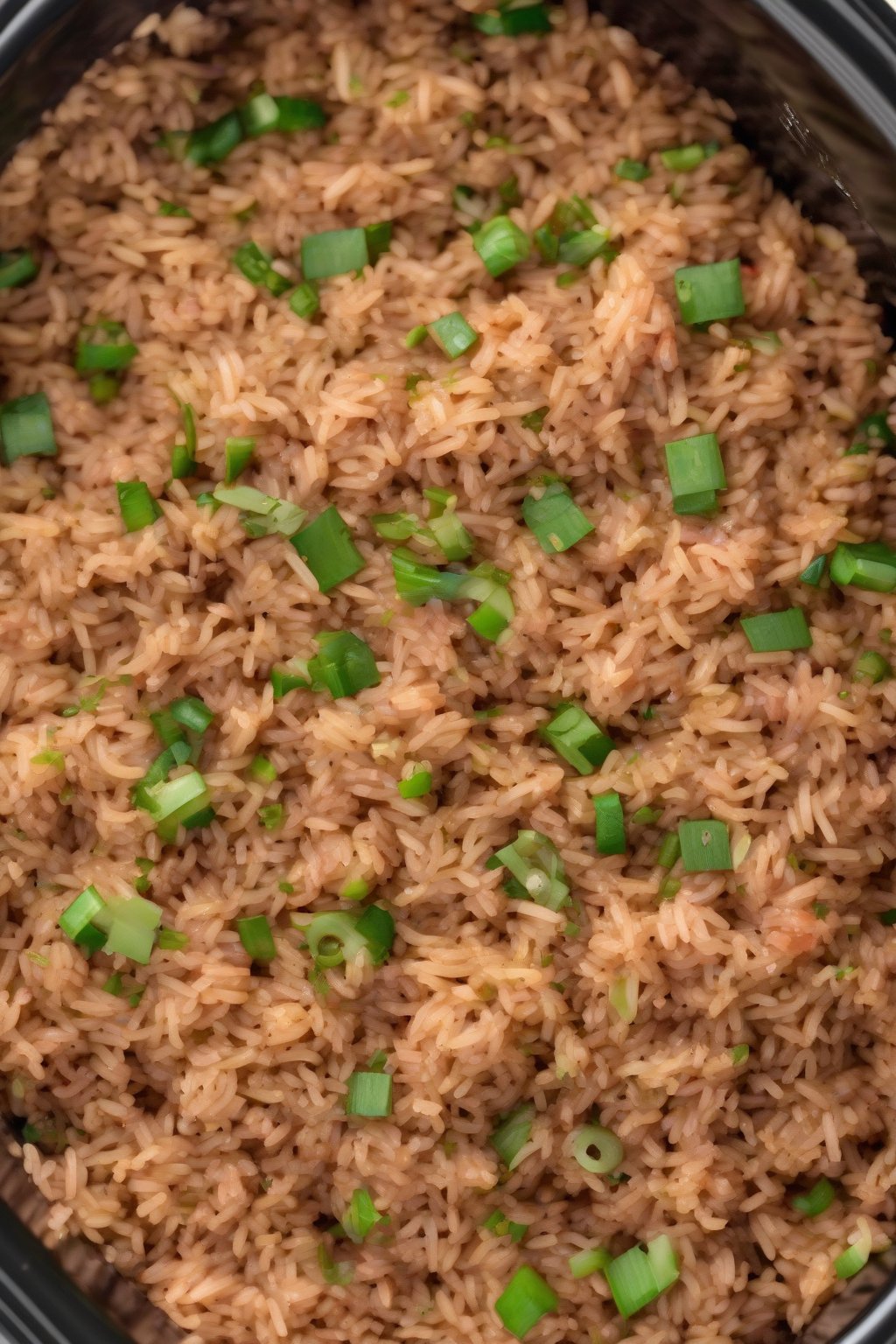 A high-resolution photo of slow cooker dirty rice scooped out, moist and flavorful, under soft lighting.