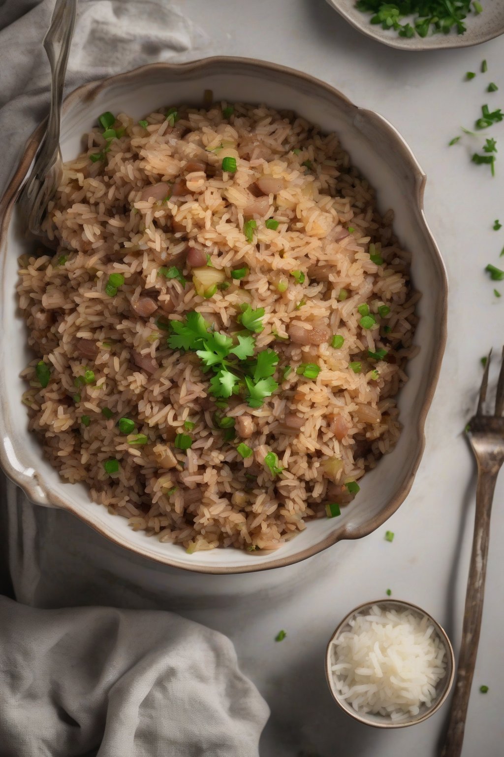 A high-resolution photo of Instant Pot dirty rice in a modern bowl, aromatic steam visible, under soft lighting.