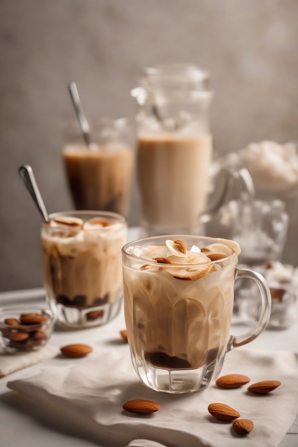 A high-resolution photo of vanilla almond iced coffee in a clear glass with frothy top, almond slices on rim, under soft lighting.