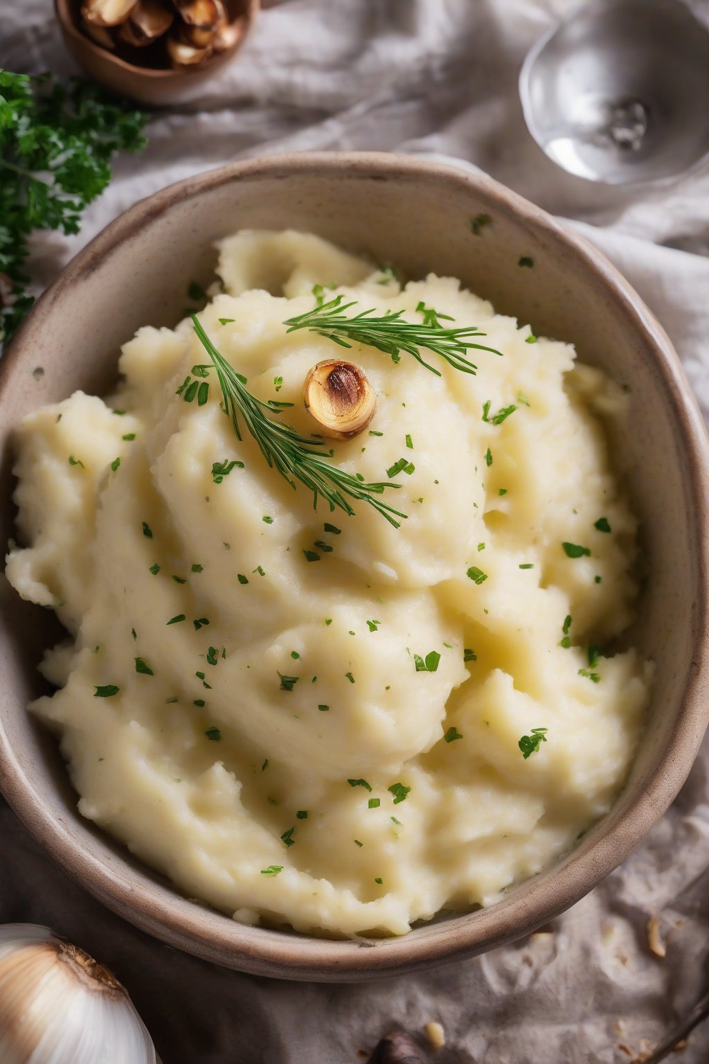 A close-up photo of garlic mashed potatoes with visible roasted garlic flecks, served in a rustic bowl under soft lighting.