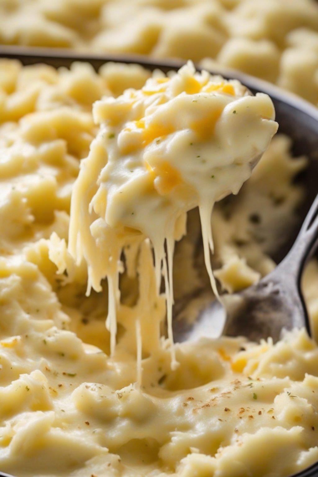 A close-up photo of cheesy mashed potatoes with golden cheese pulls, piled high in a serving dish under soft lighting.