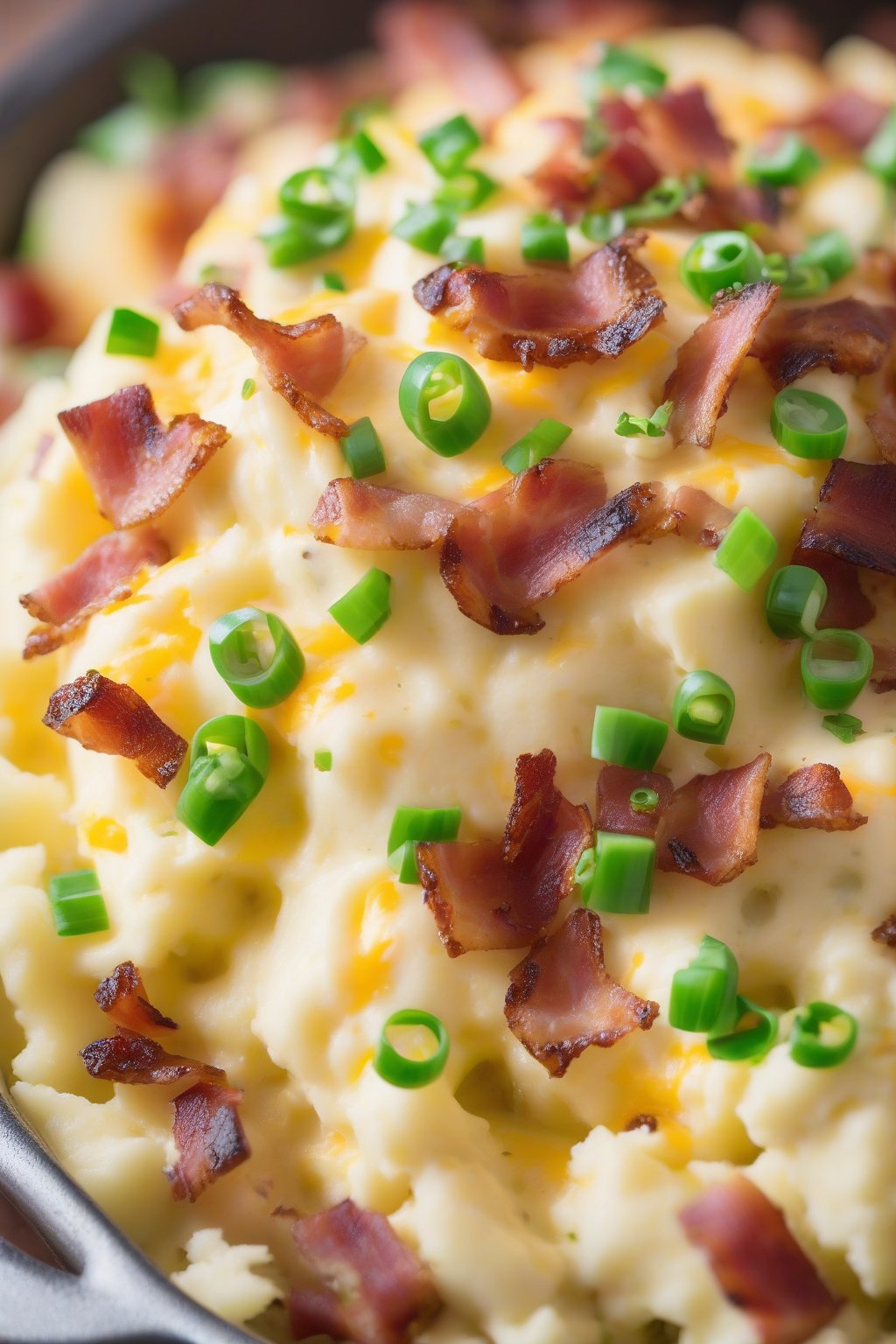 A close-up photo of loaded mashed potatoes topped with bacon bits, cheese, and green onions under soft lighting.