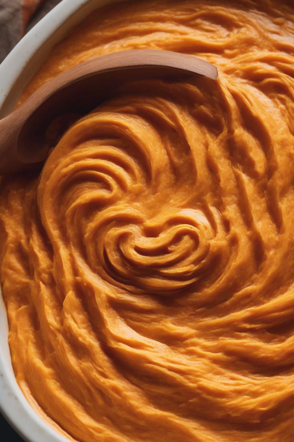 A close-up photo of orange sweet potato mash swirled with cinnamon, in a ceramic bowl under soft lighting.
