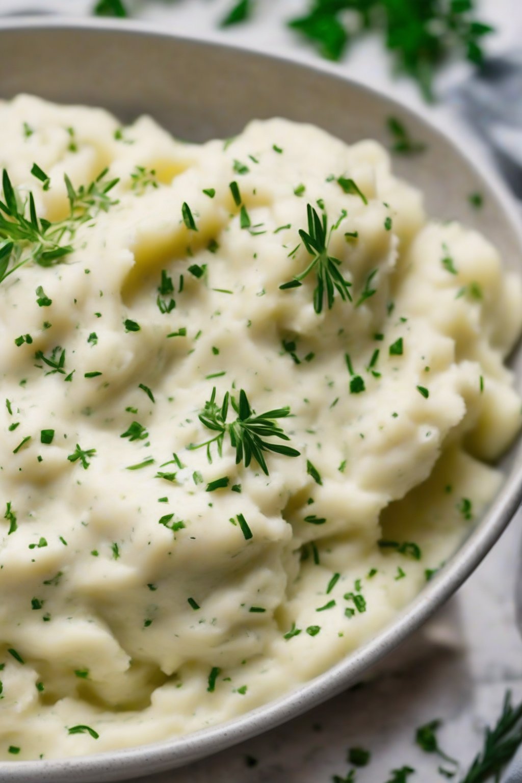 A close-up photo of chive-flecked sour cream mashed potatoes, garnished with fresh herbs under soft lighting.