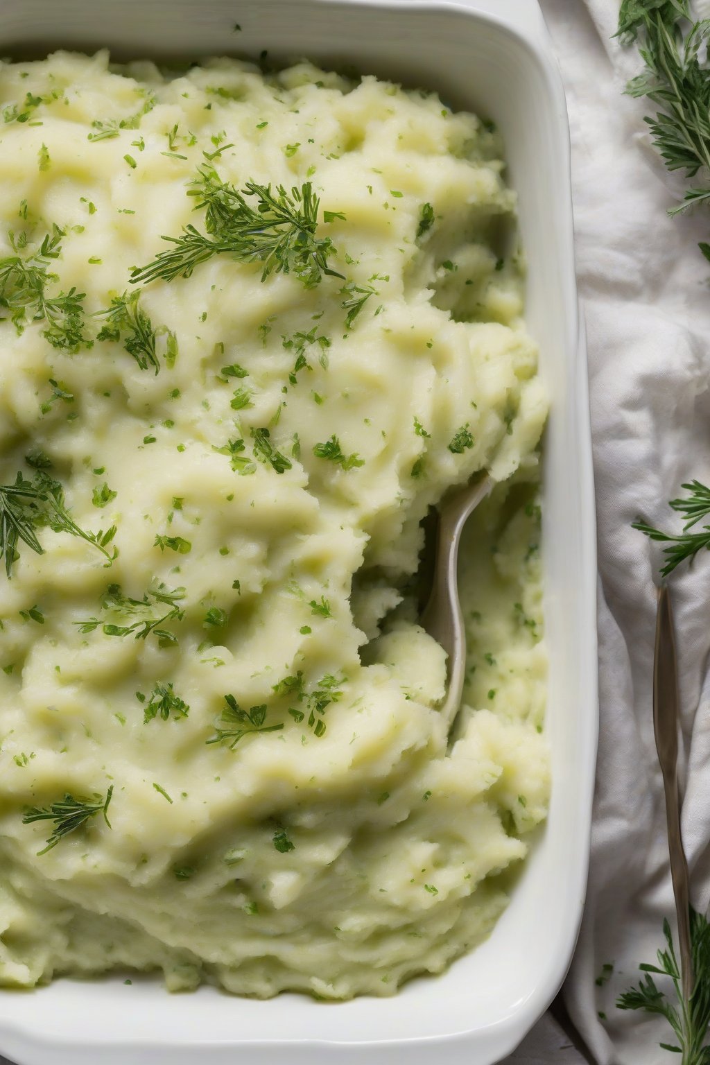 A close-up photo of green herb-studded mashed potatoes in a white dish under soft lighting.