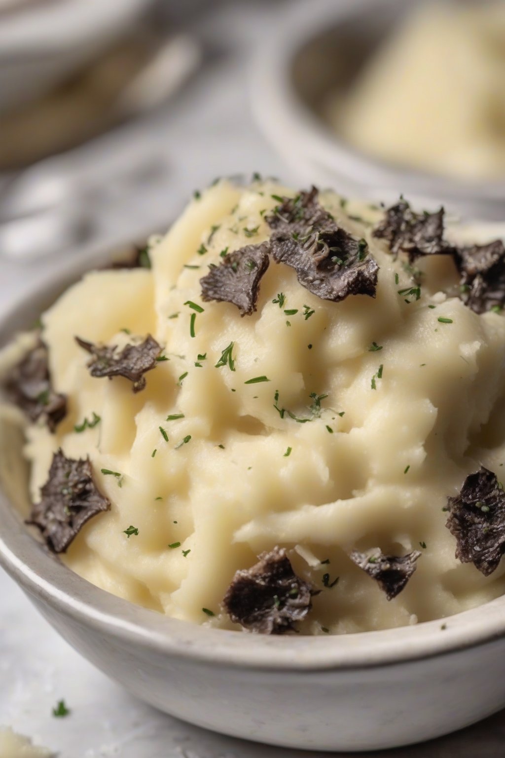 A close-up photo of truffle mashed potatoes drizzled with oil and parmesan shavings under soft lighting.