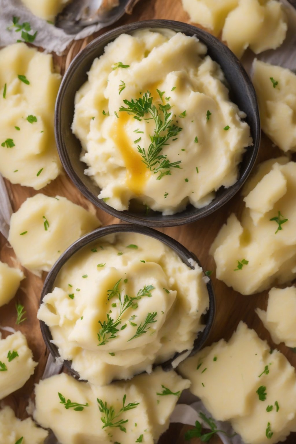 A close-up photo of creamy vegan mashed potatoes with a golden hue under soft lighting.