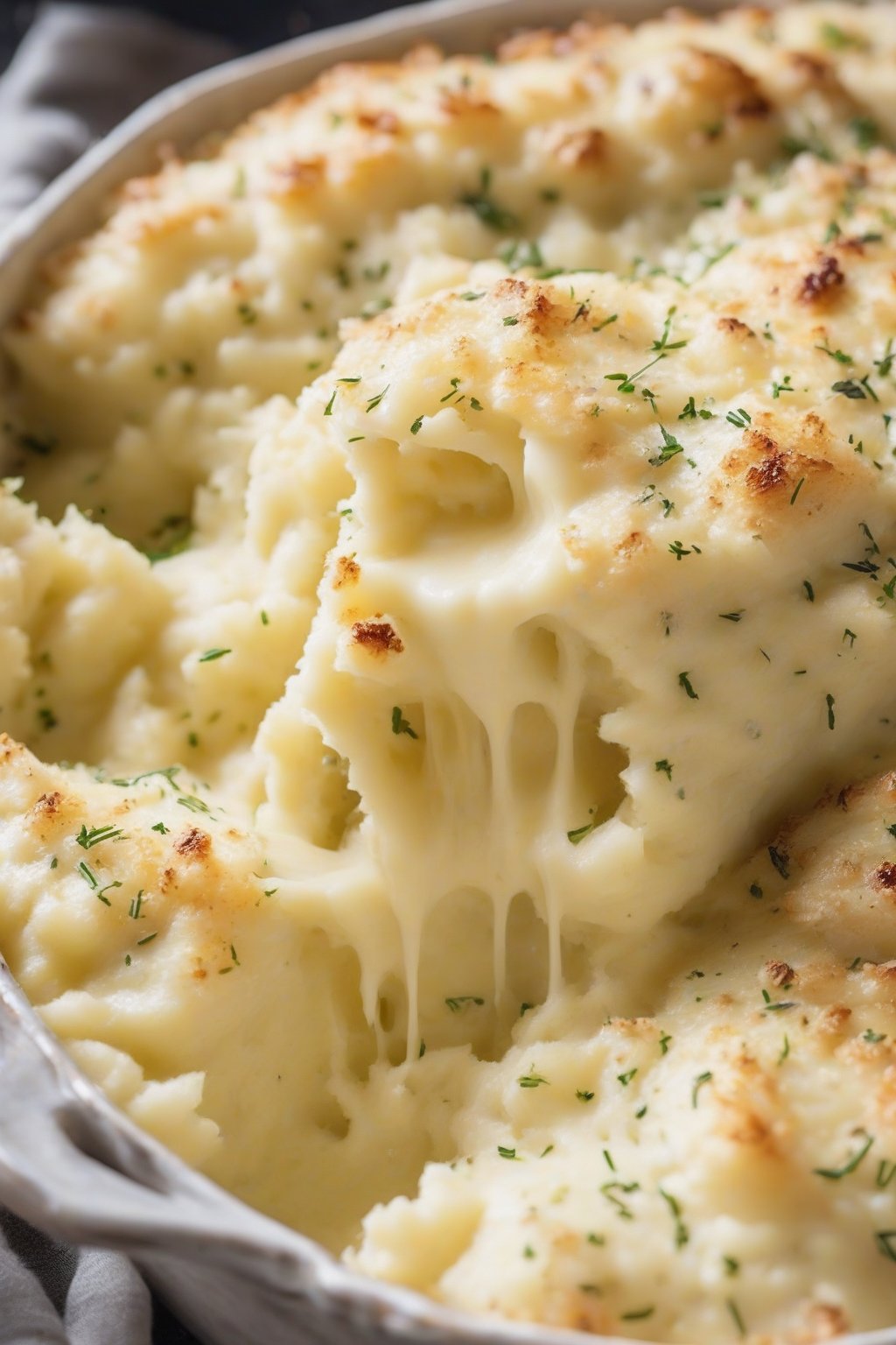 A close-up photo of roasted garlic parmesan mashed potatoes with cheese crust under soft lighting.