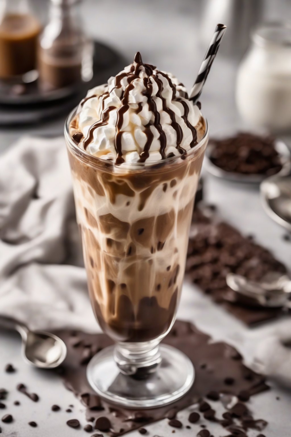 A high-resolution photo of mocha iced coffee topped with whipped cream and chocolate drizzle, ice visible through the glass, under soft lighting.
