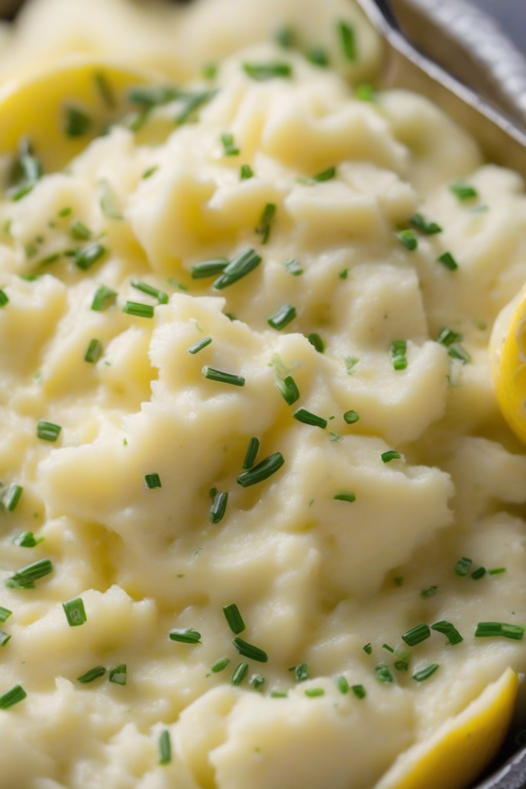 A close-up photo of lemon-zested chive mashed potatoes topped with butter under soft lighting.