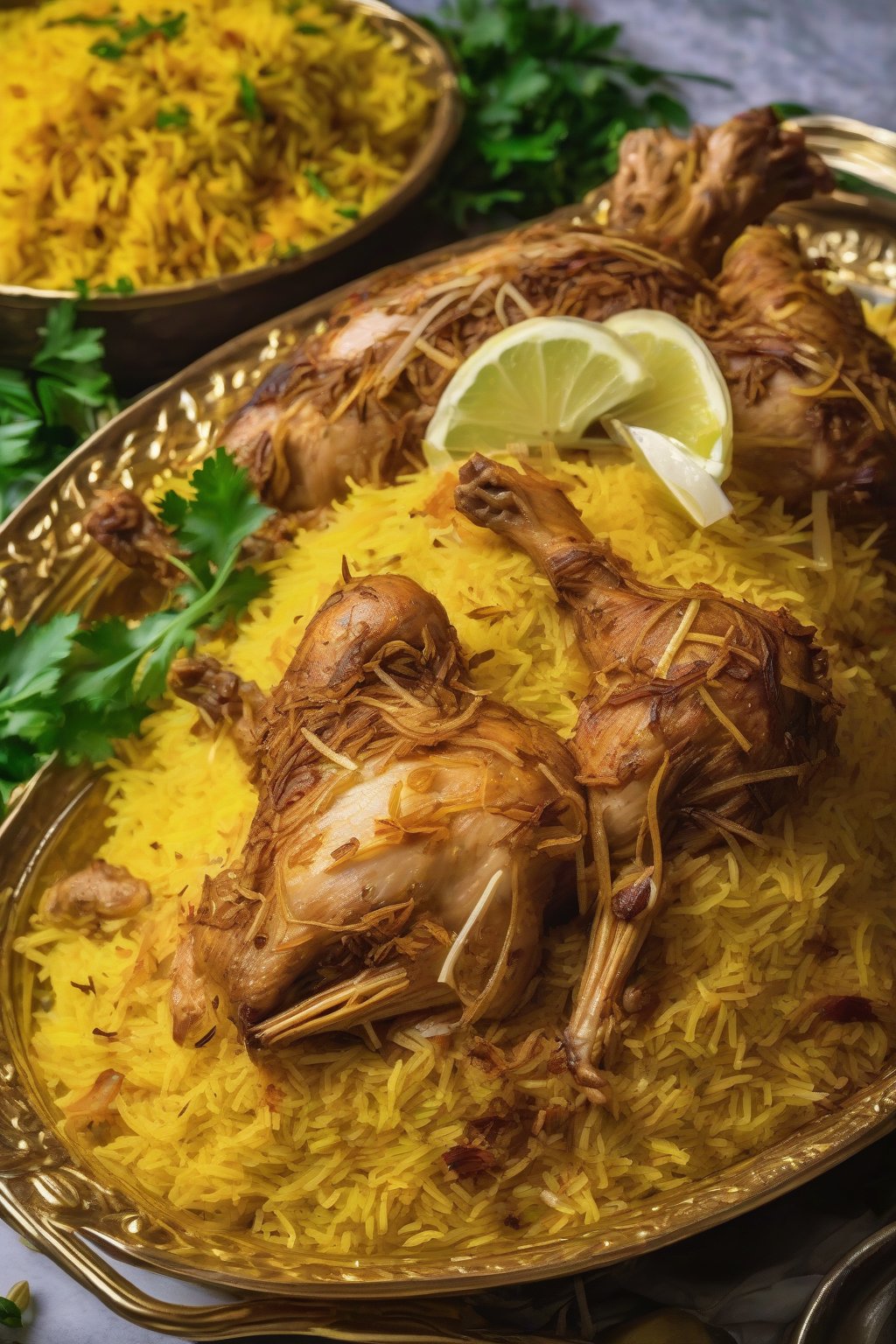 A close-up photo of steaming Hyderabadi chicken biryani layered with golden saffron rice and garnished fried onions under soft lighting.