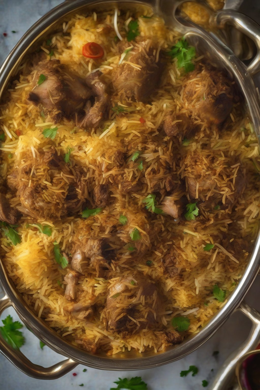 A close-up photo of fluffy mutton dum biryani with visible tender meat pieces and aromatic steam rising under soft lighting.