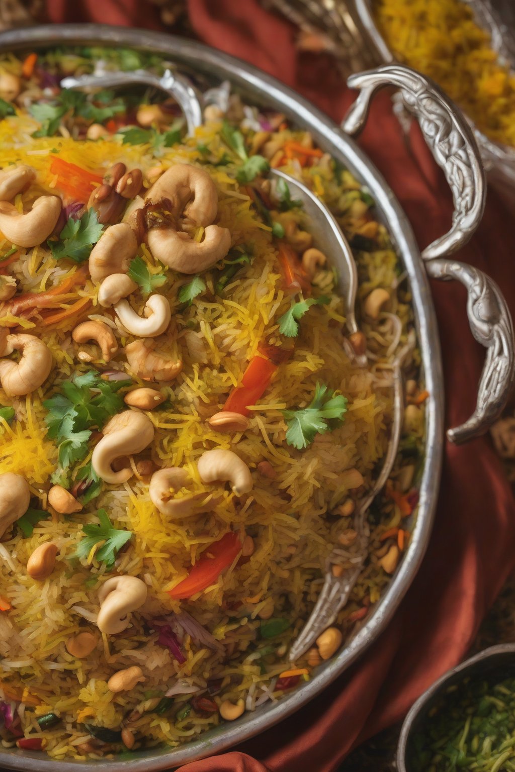 A close-up photo of colorful vegetable biryani topped with cashews and saffron strands under soft lighting.