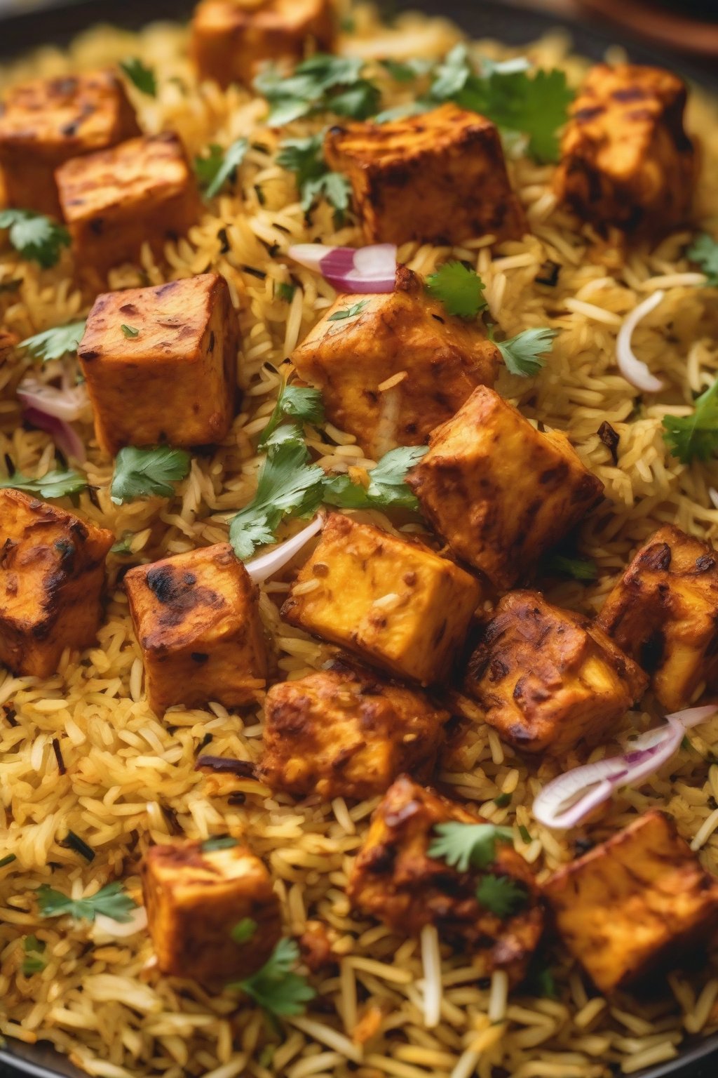A close-up photo of paneer tikka biryani with charred paneer chunks in spiced rice under soft lighting.