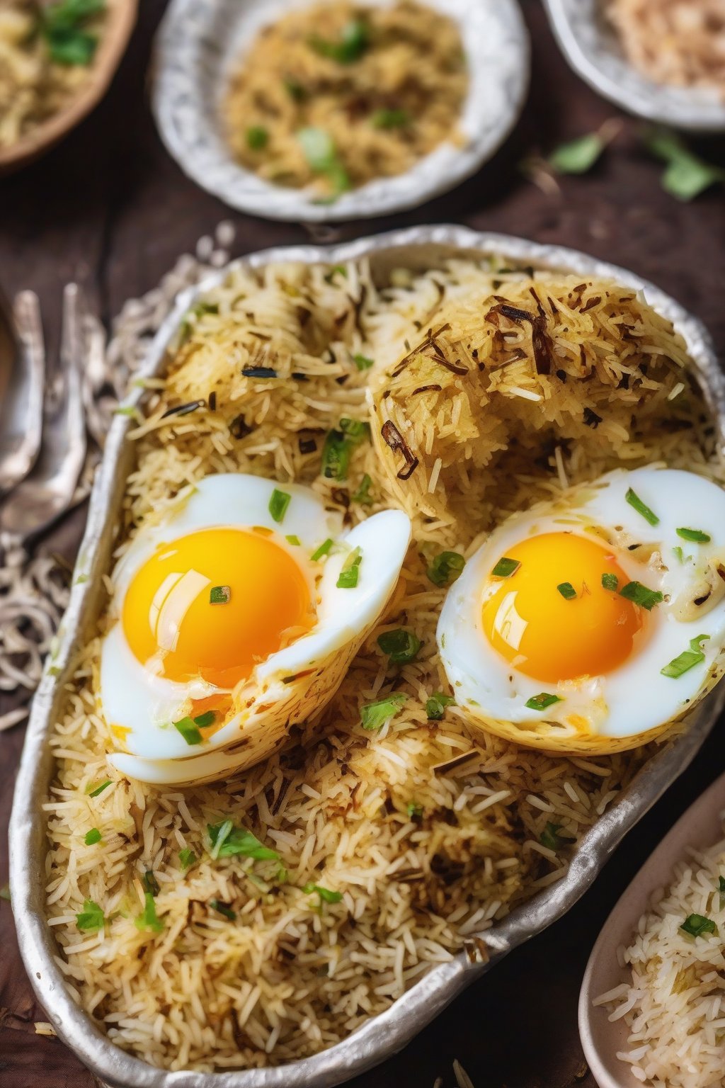A close-up photo of egg dum biryani sliced to show halved eggs nestled in fragrant rice under soft lighting.