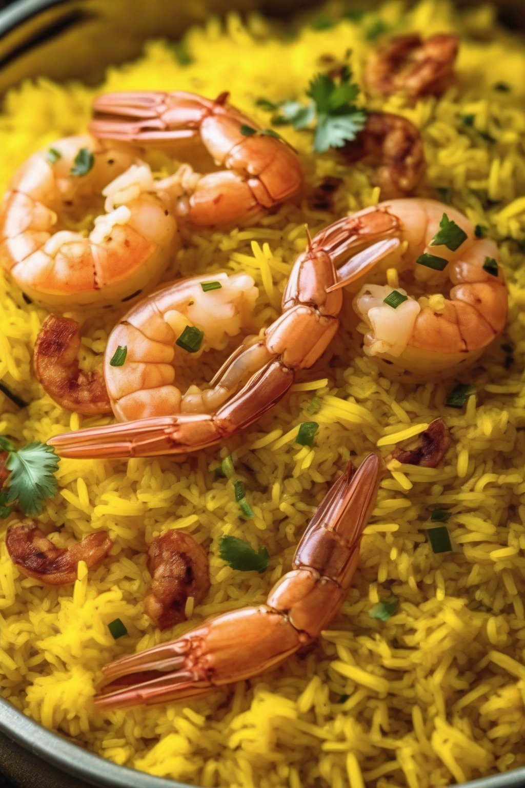 A close-up photo of prawn biryani with glossy prawns peeking through yellow rice under soft lighting.