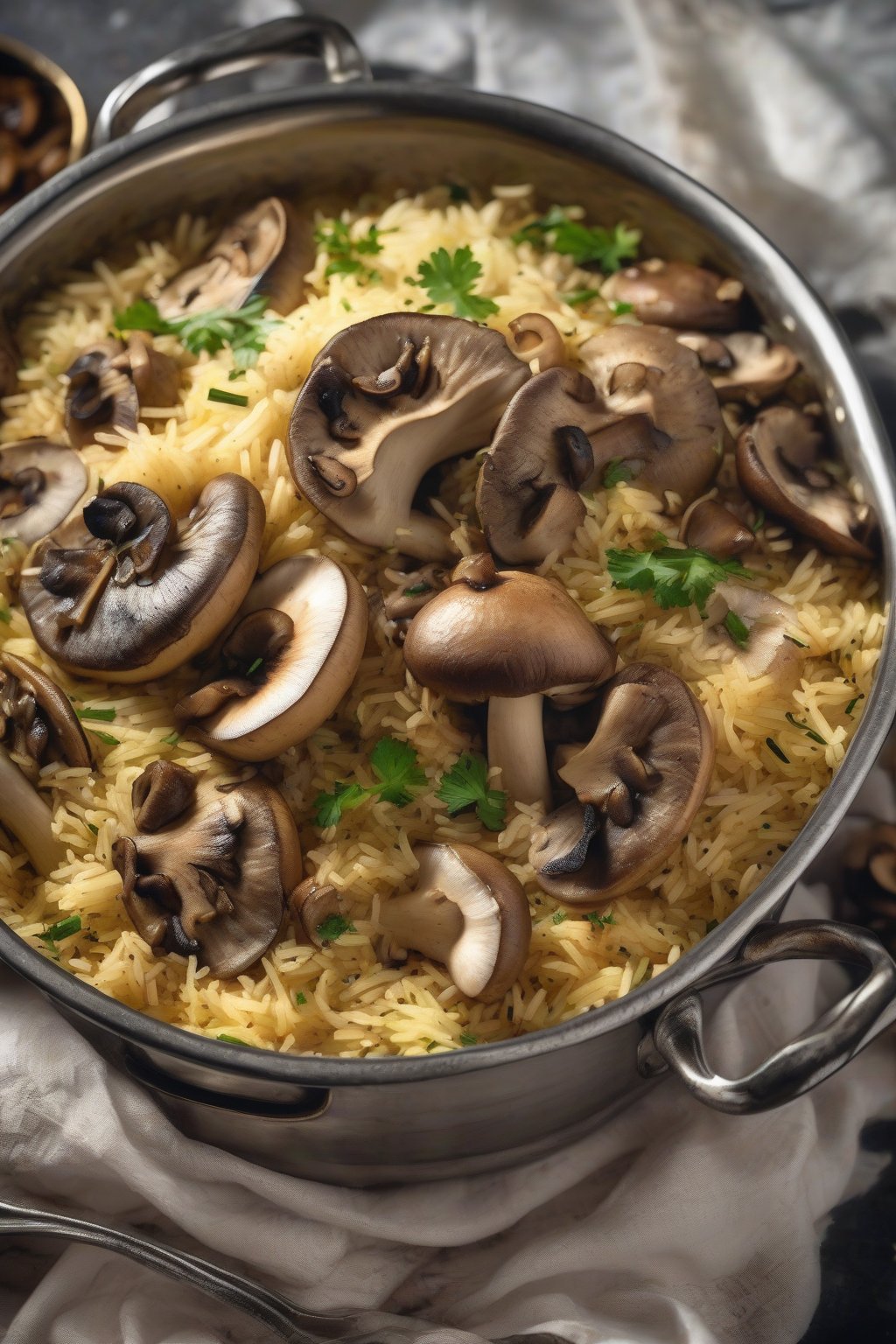 A close-up photo of mushroom biryani with sliced mushrooms and herb flecks in steamy rice under soft lighting.