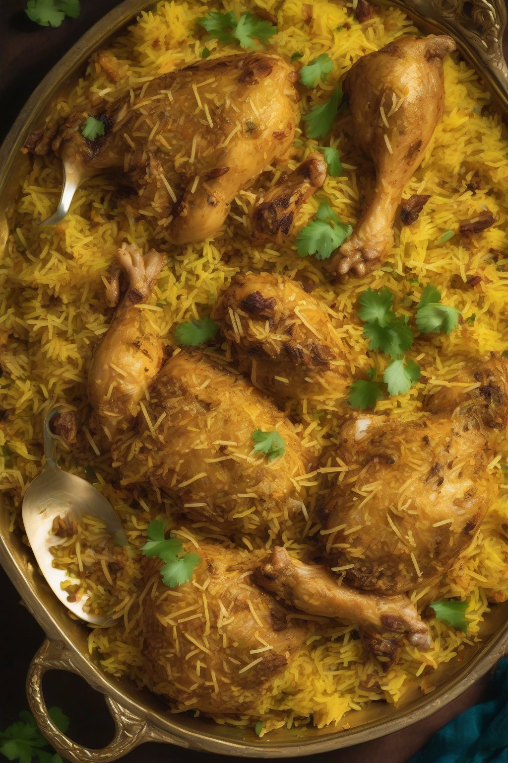 A close-up photo of delicate Lucknawi chicken biryani with subtle saffron hues under soft lighting.