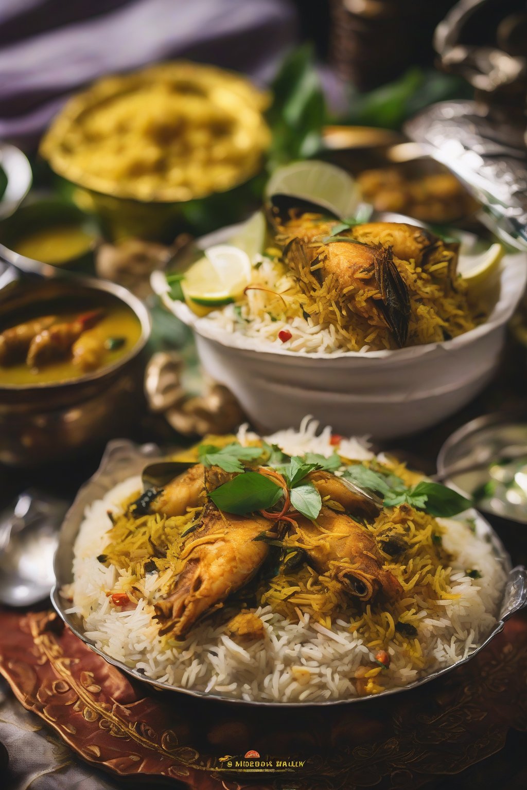 A close-up photo of Malabar fish biryani with flaky fish and curry leaf garnish under soft lighting.