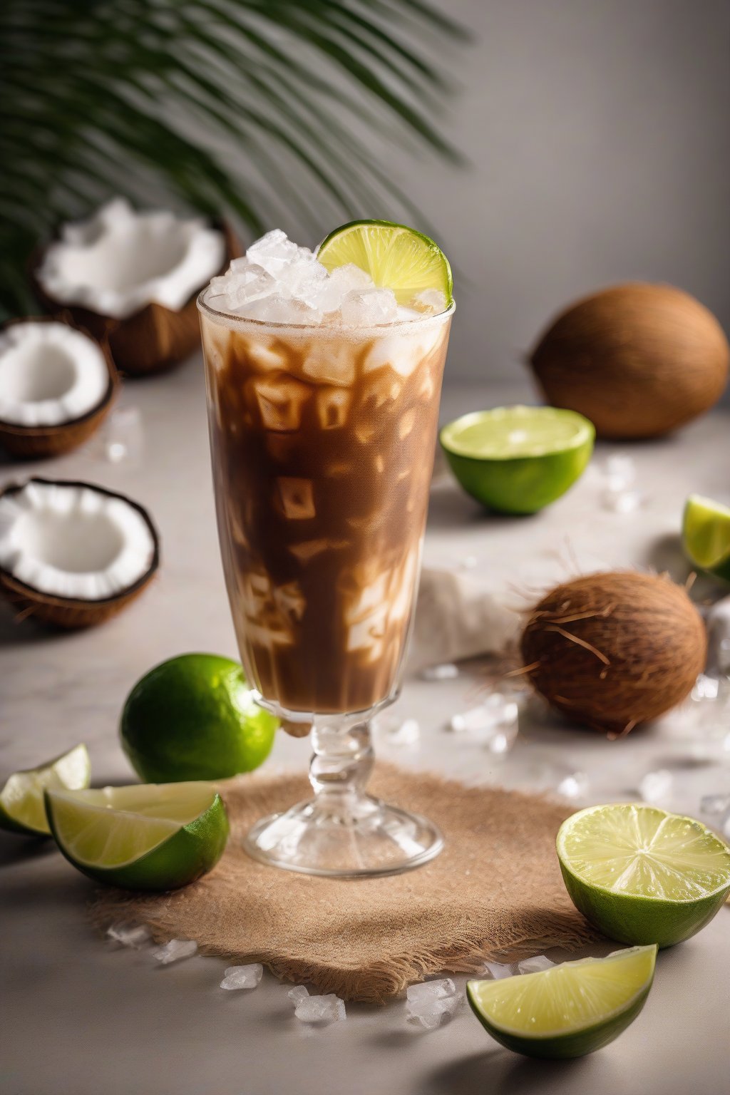 A high-resolution photo of coconut iced coffee with lime wedge garnish and crushed ice, tropical condensation effect, under soft lighting.