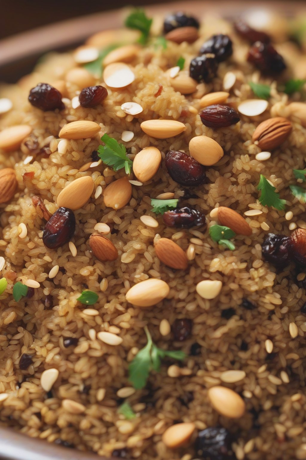 A close-up photo of nutty quinoa biryani fusion with almonds and raisins dotted in grains under soft lighting.