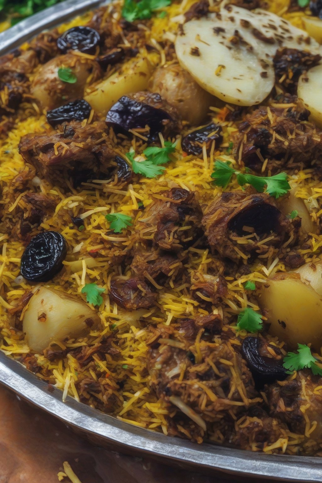A close-up photo of Sindhi lamb biryani with potato chunks and prunes in spiced layers under soft lighting.