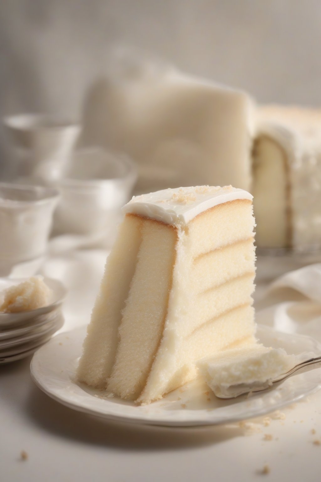 A high-resolution photo of a sliced classic fluffy white cake revealing its light, even crumb under soft lighting.