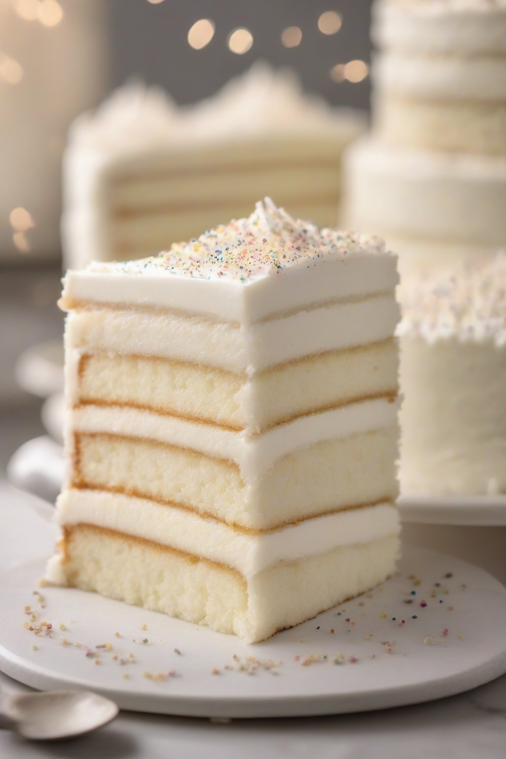A high-resolution close-up photo of vanilla bean fluffy white cake layers stacked with frosting, specks visible, under soft lighting.