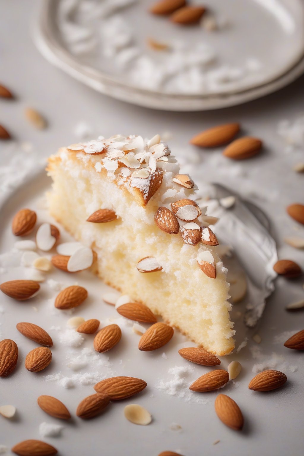 A high-resolution photo of almond fluffy white cake topped with slivered almonds and powdered sugar under soft lighting.