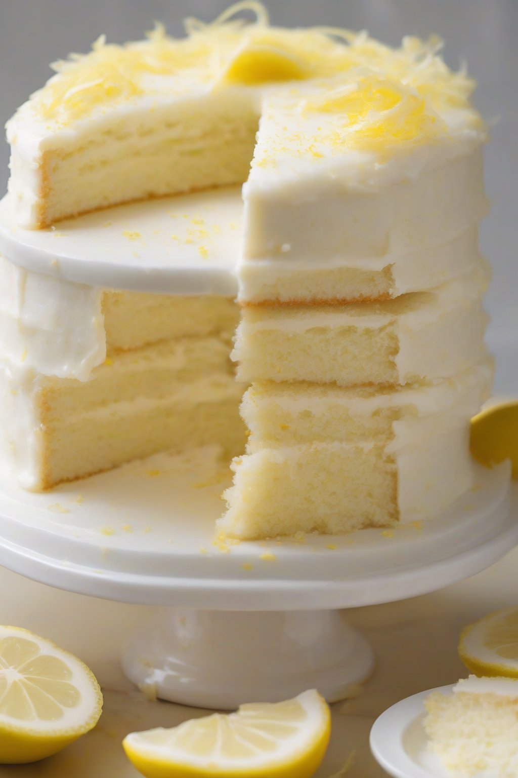 A high-resolution close-up photo of lemon zest fluffy white cake with pale yellow flecks in the batter, sliced open under soft lighting.