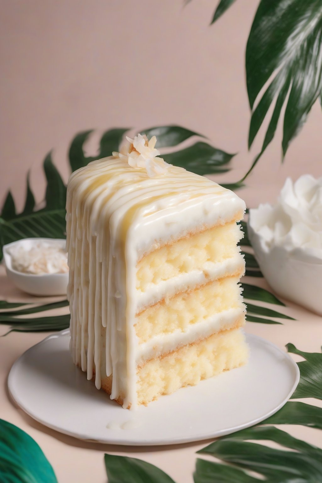 A high-resolution photo of coconut fluffy white cake drizzled with glaze, evoking tropical vibes under soft lighting.