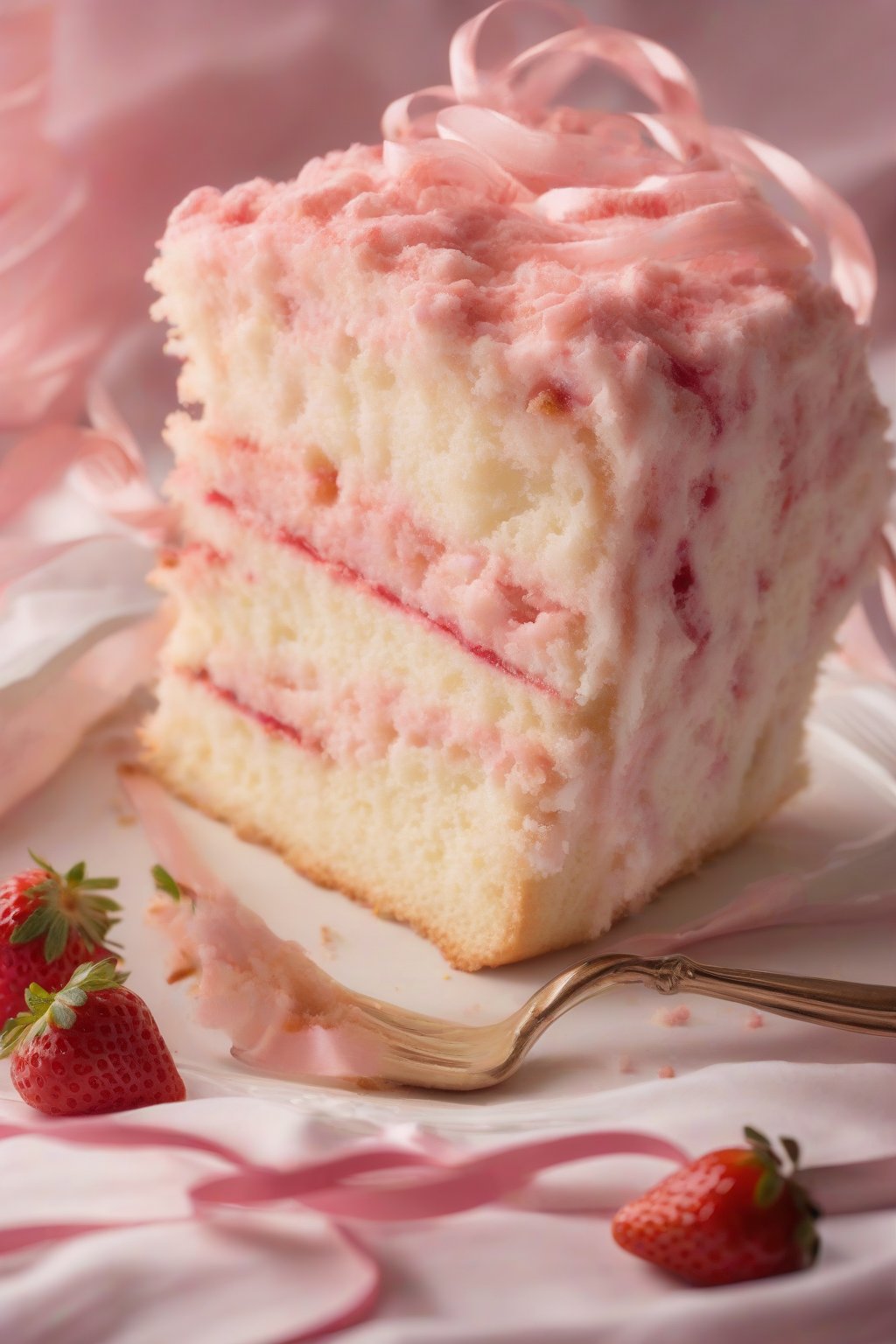 A high-resolution close-up photo of strawberry swirl fluffy white cake showing pink ribbons in the crumb under soft lighting.