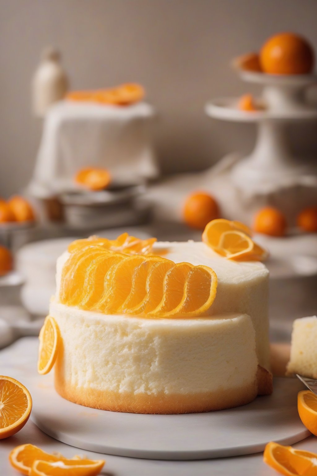 A high-resolution photo of orange zest fluffy white cake with orange slices garnish under soft lighting.