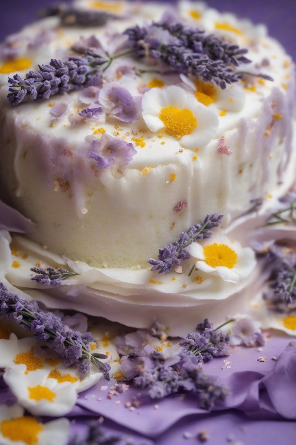 A high-resolution close-up photo of lavender infused fluffy white cake dusted with edible flowers under soft lighting.
