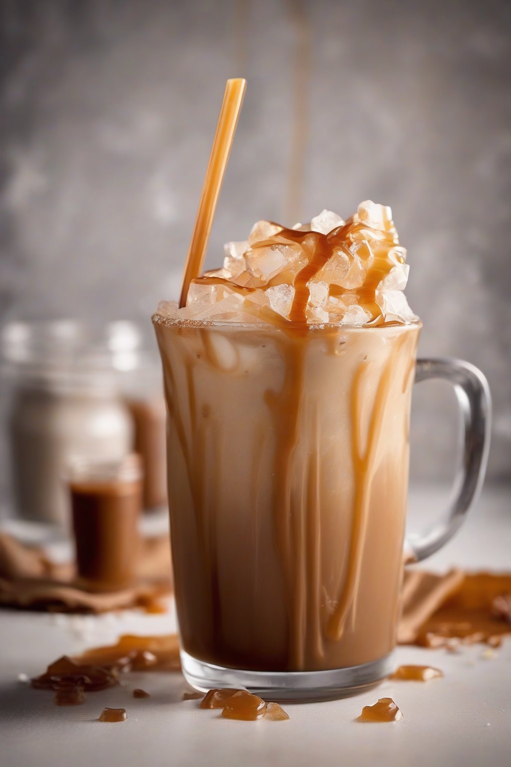 A high-resolution photo of salted caramel iced coffee with caramel swirl and salt flakes, in a frosted mug, under soft lighting.