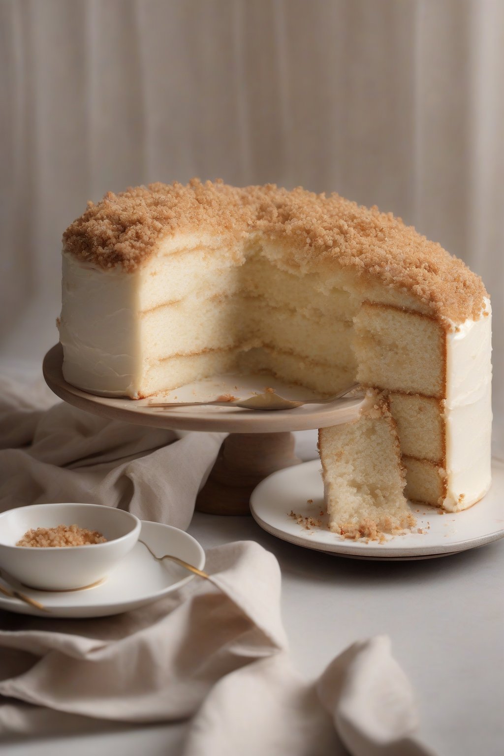 A high-resolution photo of cardamom fluffy white cake with a slice revealing spiced crumb under soft lighting.
