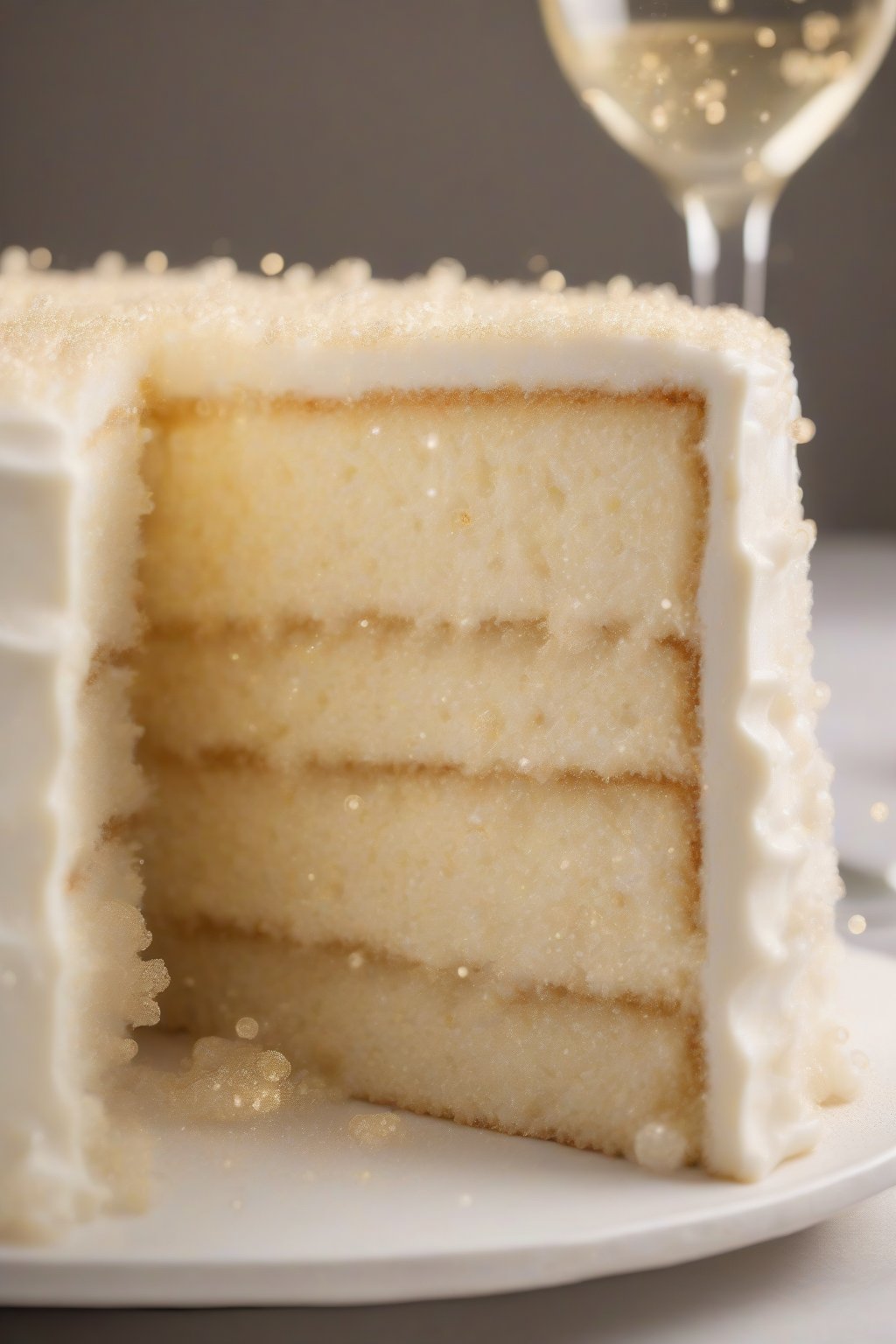 A high-resolution close-up photo of champagne fluffy white cake with golden bubbles effect under soft lighting.