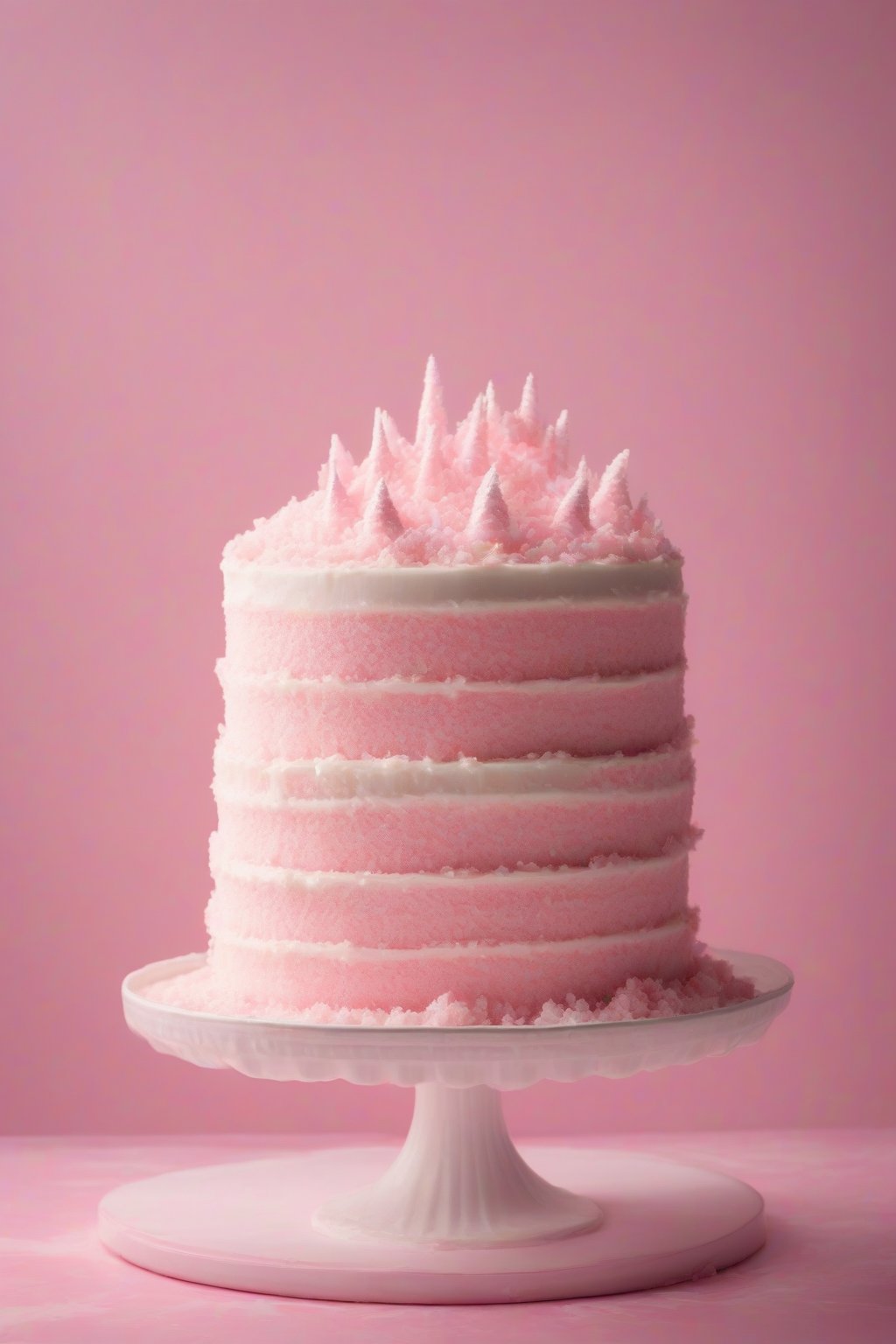 A high-resolution photo of peppermint fluffy white cake frosted pink-and-white under soft lighting.
