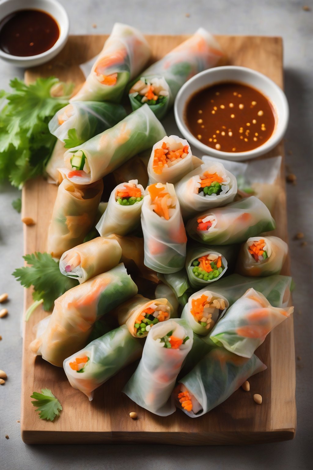 A high-resolution photo of colorful classic vegetable spring rolls arranged on a wooden board with peanut dipping sauce, under soft lighting.