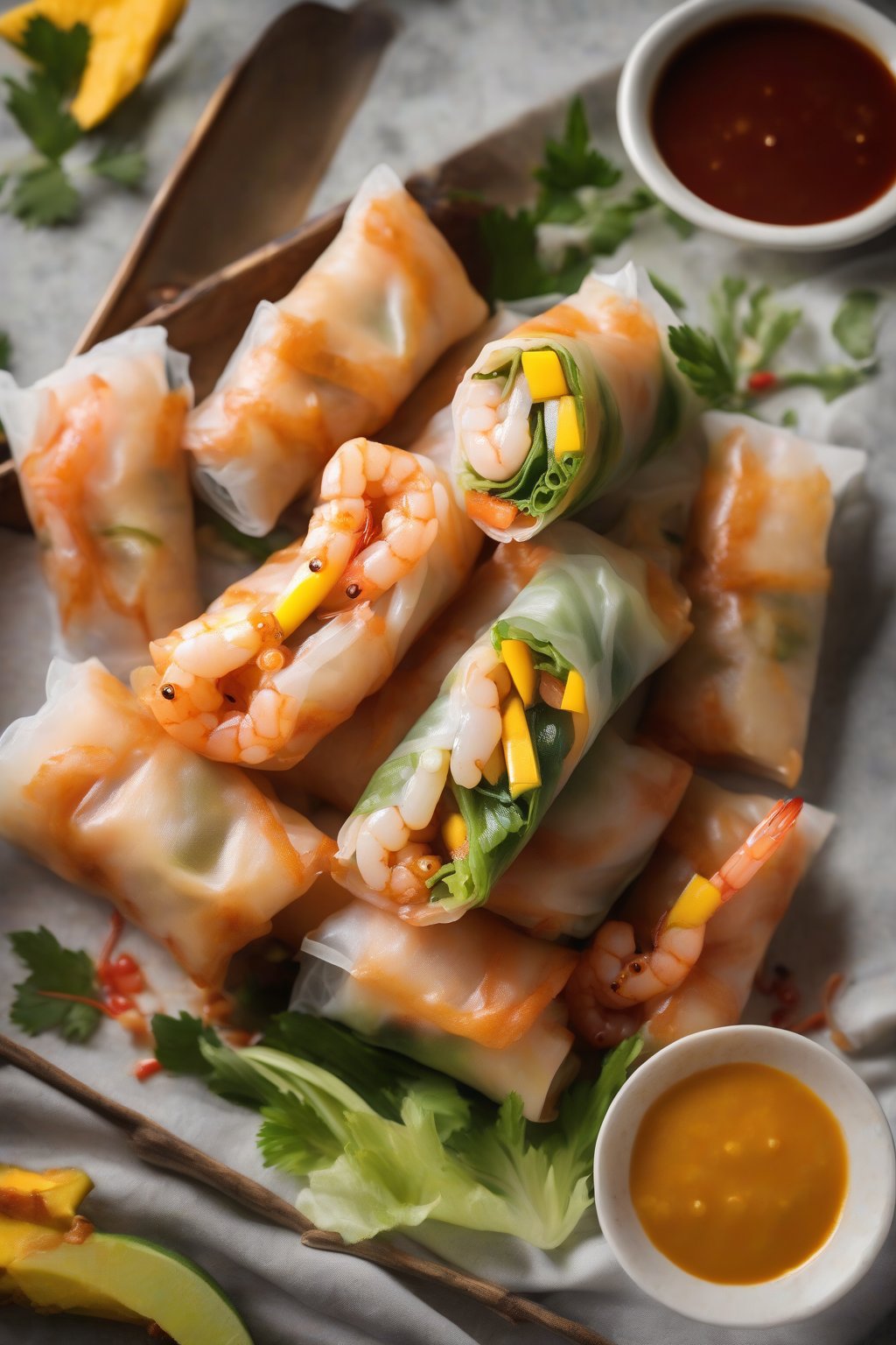 A high-resolution photo of shrimp and mango spring rolls sliced in half to show fillings, drizzled with sauce, under soft lighting.