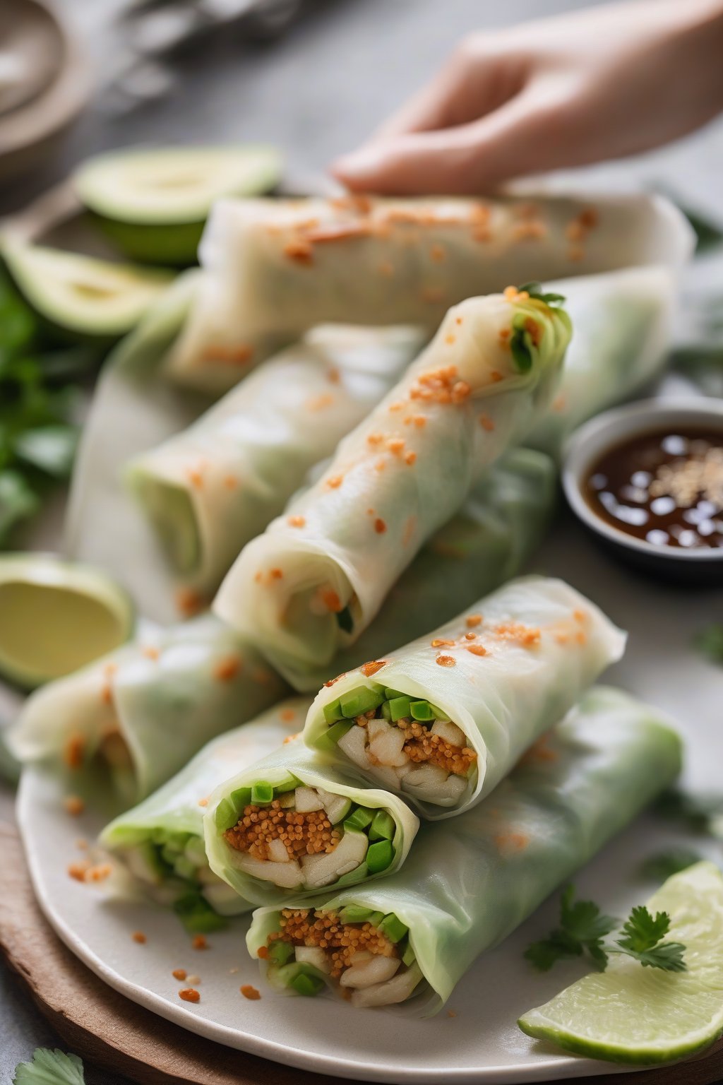 A high-resolution photo of tofu and avocado spring rolls fanned out on a plate with sesame garnish, under soft lighting.