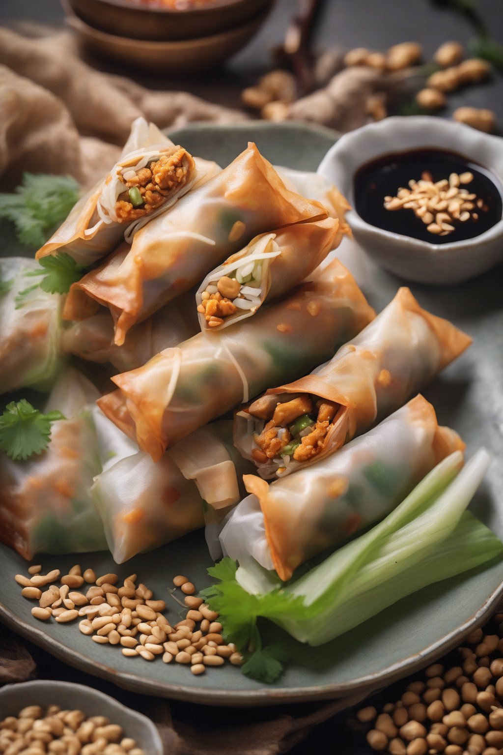 A high-resolution photo of chicken and peanut spring rolls with sauce on the side, garnished with crushed peanuts, under soft lighting.