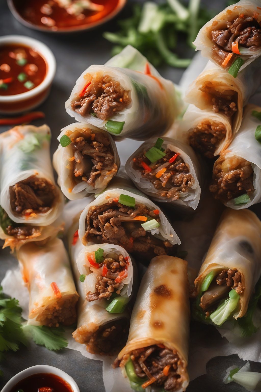 A high-resolution photo of spicy sriracha beef spring rolls cut open to reveal fiery fillings, under soft lighting.