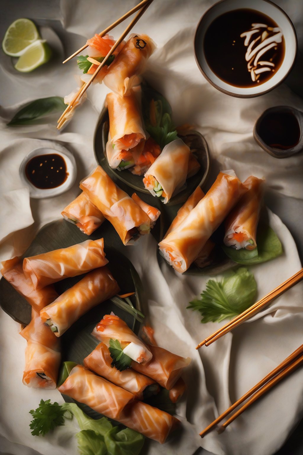 A high-resolution photo of teriyaki salmon spring rolls arranged artfully with chopsticks, under soft lighting.