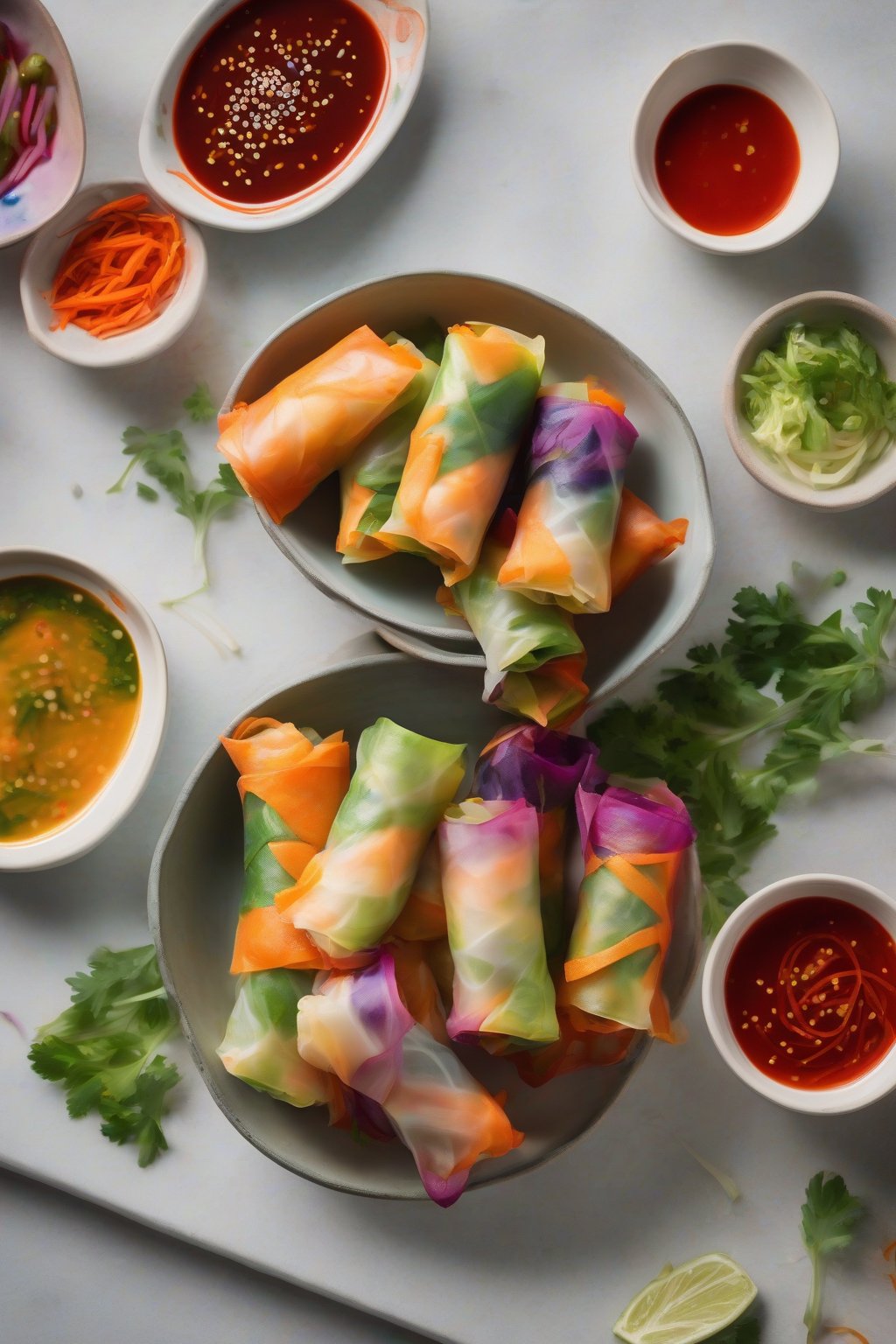 A high-resolution photo of rainbow veggie spring rolls in a vibrant stack, sauce bowl nearby, under soft lighting.