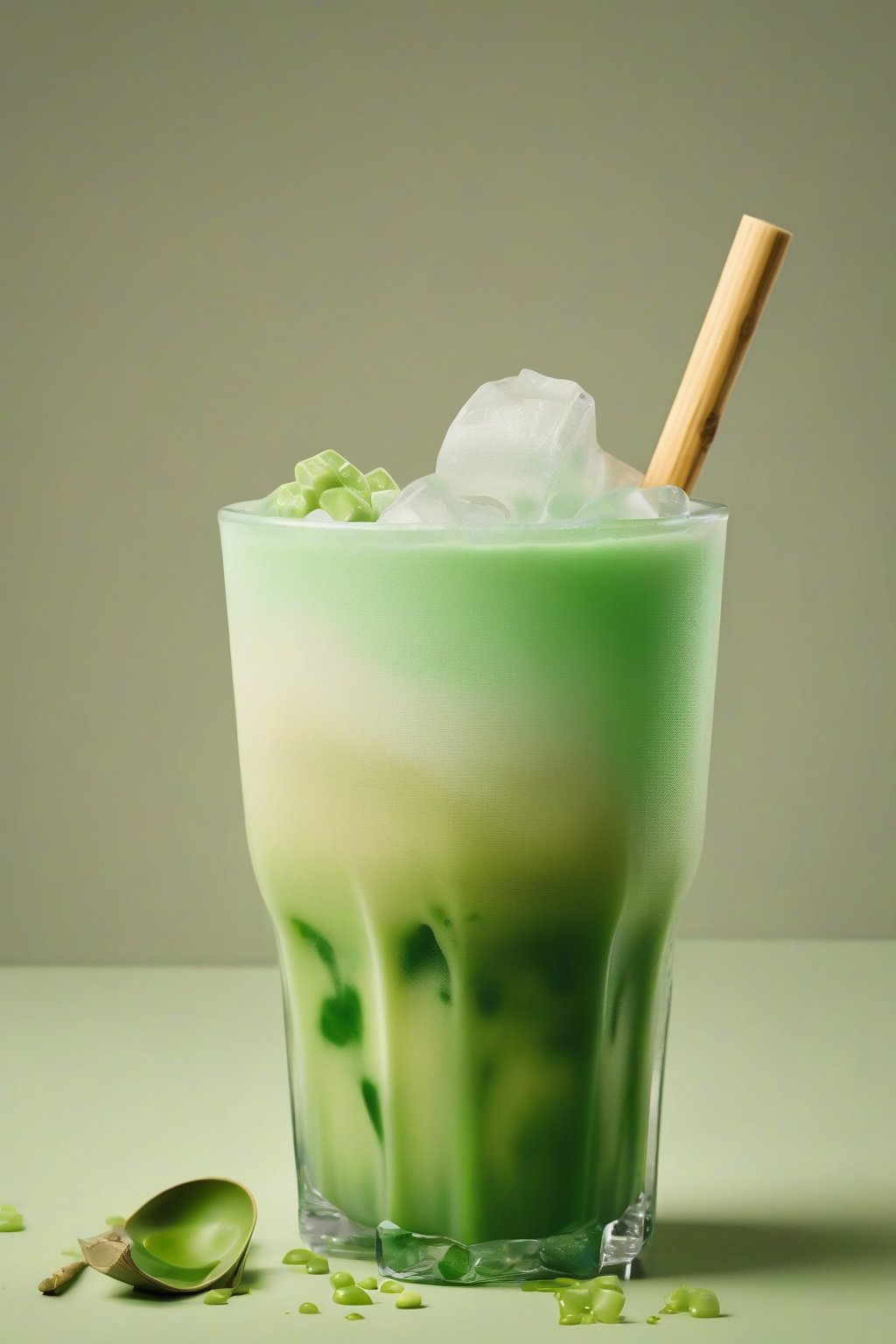 A high-resolution photo of matcha iced coffee latte with green foam layer and ice cubes, bamboo stirrer, under soft lighting.