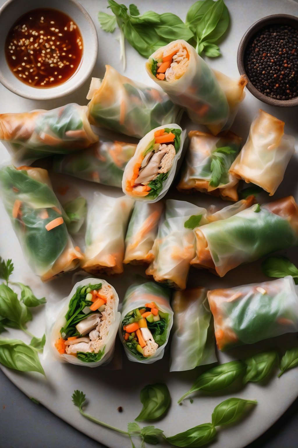 A high-resolution photo of Thai basil chicken spring rolls halved lengthwise, herbs popping, under soft lighting.