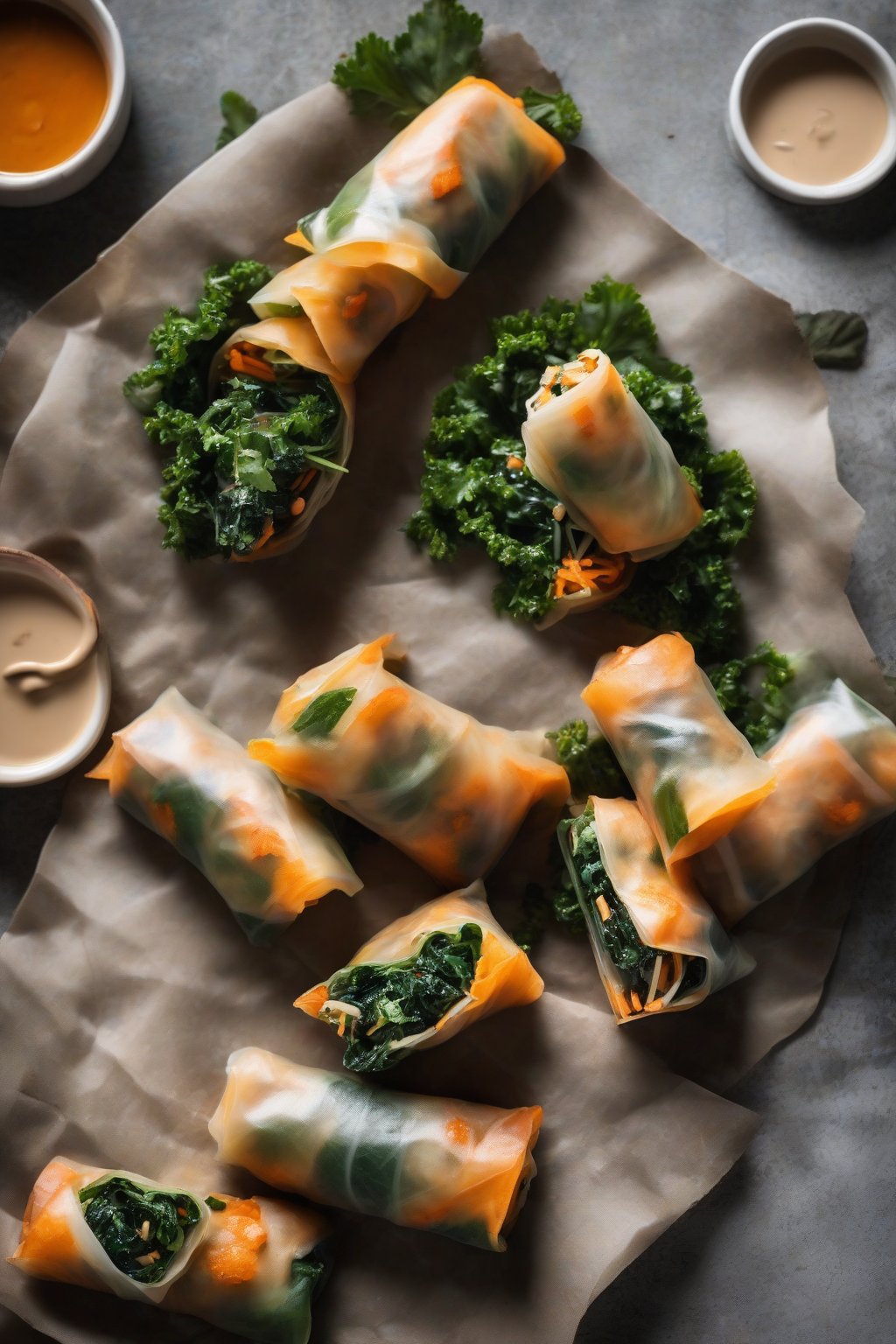 A high-resolution photo of sweet potato and kale spring rolls on a rustic surface with tahini drizzle, under soft lighting.