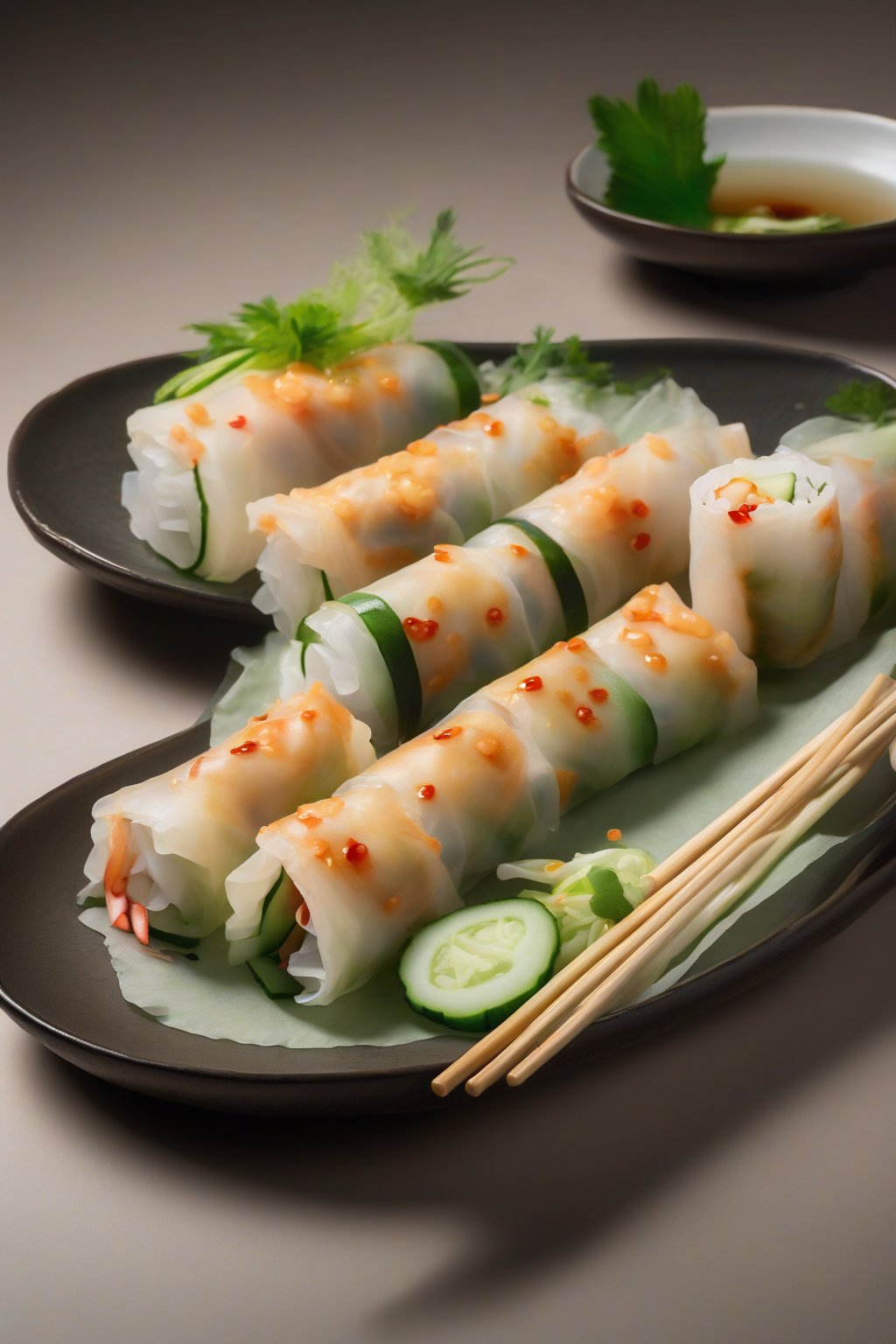 A high-resolution photo of crab and cucumber spring rolls elegantly plated with ponzu, under soft lighting.